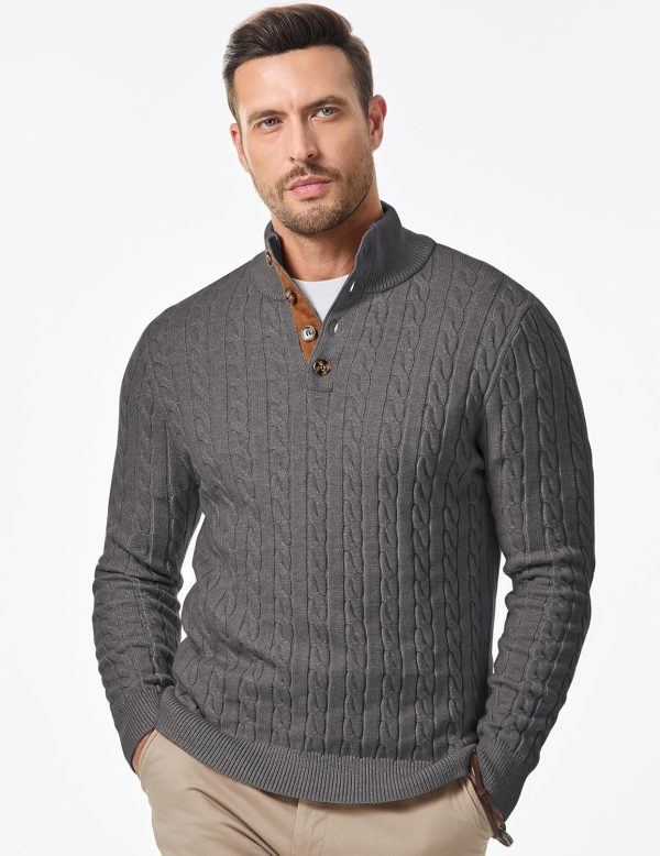 JMIERR Men's Cable Knit Pullover Sweater Casual Long Sleeve Stand Collar Button Knitted Sweaters - Image 35