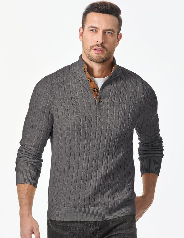 JMIERR Men's Cable Knit Pullover Sweater Casual Long Sleeve Stand Collar Button Knitted Sweaters - Image 36