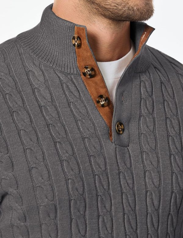 JMIERR Men's Cable Knit Pullover Sweater Casual Long Sleeve Stand Collar Button Knitted Sweaters - Image 37