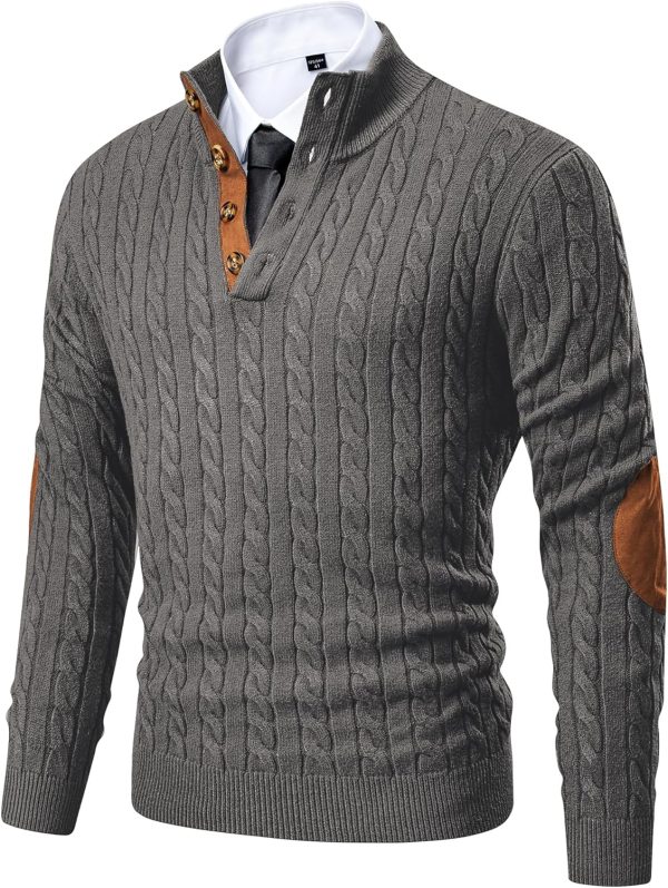 JMIERR Men's Cable Knit Pullover Sweater Casual Long Sleeve Stand Collar Button Knitted Sweaters - Image 38