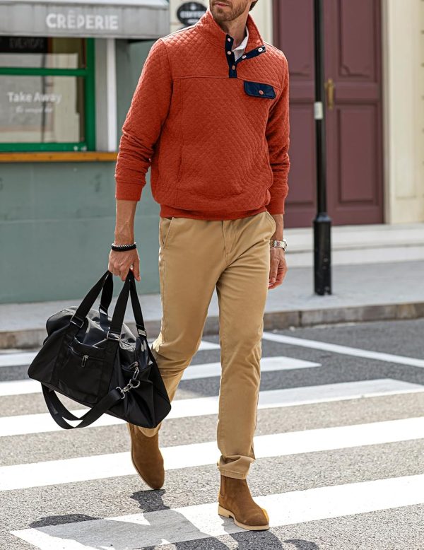 JMIERR Men's Quilted Sweatshirt Casual Long Sleeve Outdoor Stand Collar Button Pullover Sweatshirts - Image 92