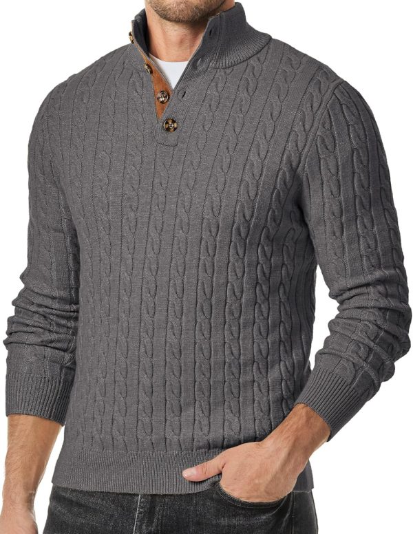 JMIERR Men's Cable Knit Pullover Sweater Casual Long Sleeve Stand Collar Button Knitted Sweaters - Image 40