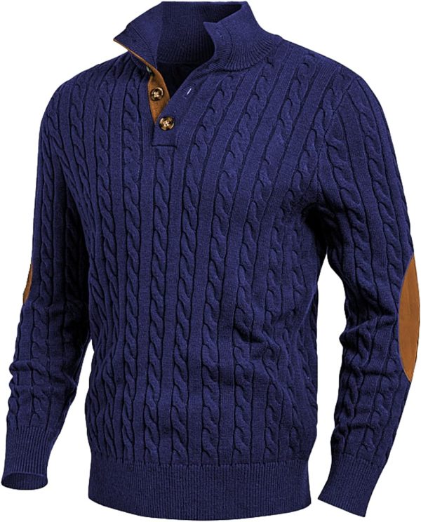 JMIERR Men's Cable Knit Pullover Sweater Casual Long Sleeve Stand Collar Button Knitted Sweaters - Image 41