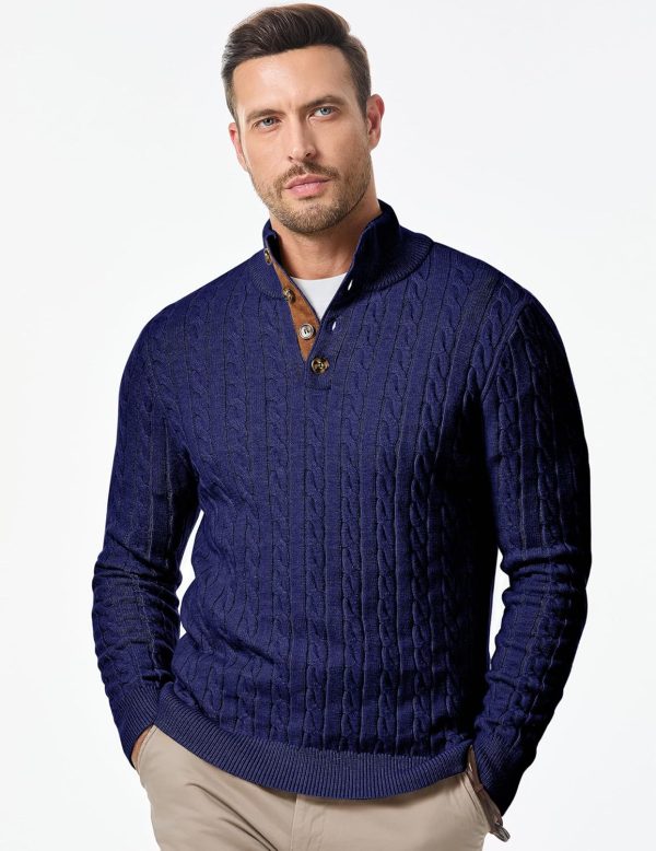 JMIERR Men's Cable Knit Pullover Sweater Casual Long Sleeve Stand Collar Button Knitted Sweaters - Image 43
