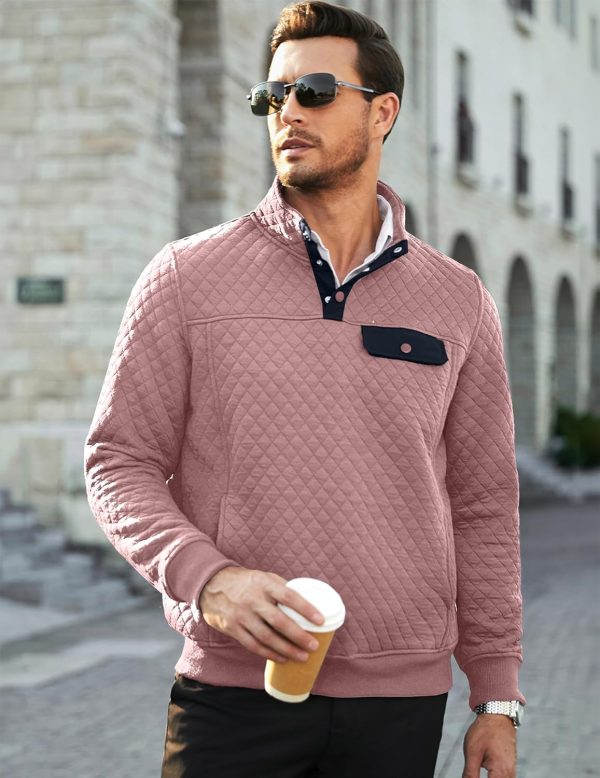 JMIERR Men's Quilted Sweatshirt Casual Long Sleeve Outdoor Stand Collar Button Pullover Sweatshirts - Image 98