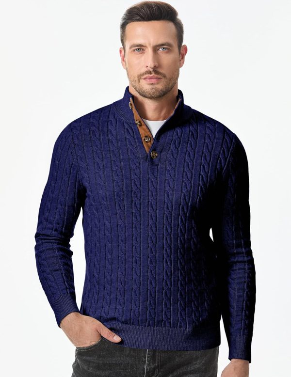 JMIERR Men's Cable Knit Pullover Sweater Casual Long Sleeve Stand Collar Button Knitted Sweaters - Image 44