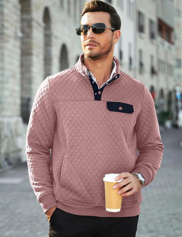 JMIERR Men's Quilted Sweatshirt Casual Long Sleeve Outdoor Stand Collar Button Pullover Sweatshirts - Image 99