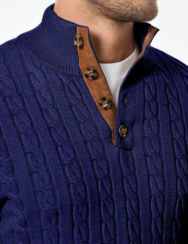 JMIERR Men's Cable Knit Pullover Sweater Casual Long Sleeve Stand Collar Button Knitted Sweaters - Image 45
