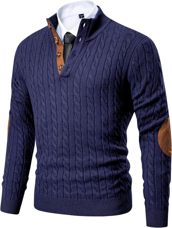 JMIERR Men's Cable Knit Pullover Sweater Casual Long Sleeve Stand Collar Button Knitted Sweaters - Image 46