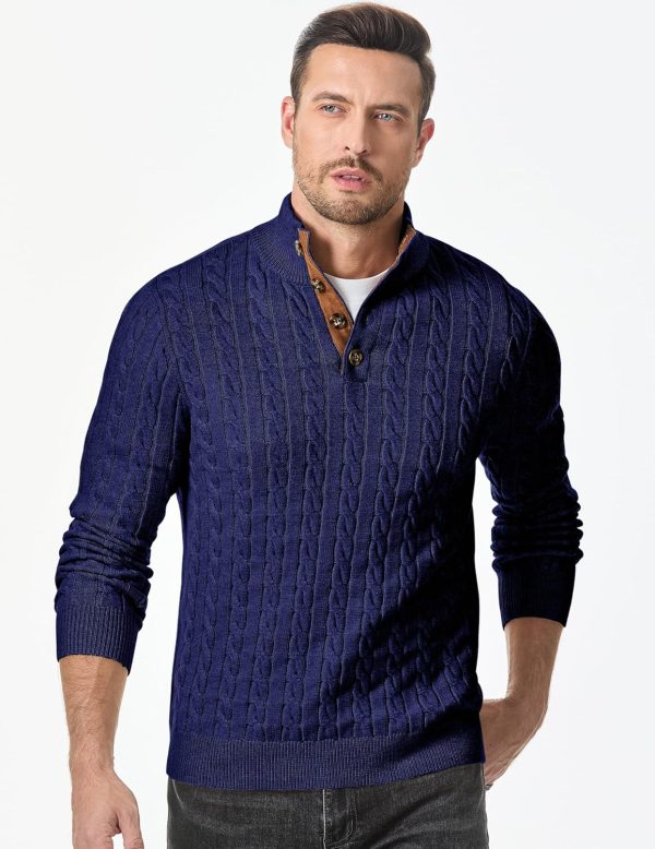 JMIERR Men's Cable Knit Pullover Sweater Casual Long Sleeve Stand Collar Button Knitted Sweaters - Image 48