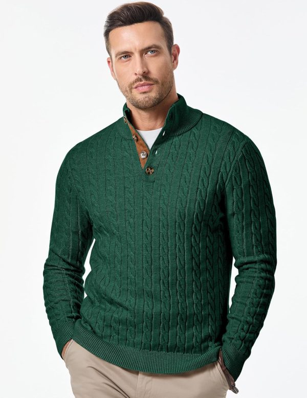 JMIERR Men's Cable Knit Pullover Sweater Casual Long Sleeve Stand Collar Button Knitted Sweaters - Image 51