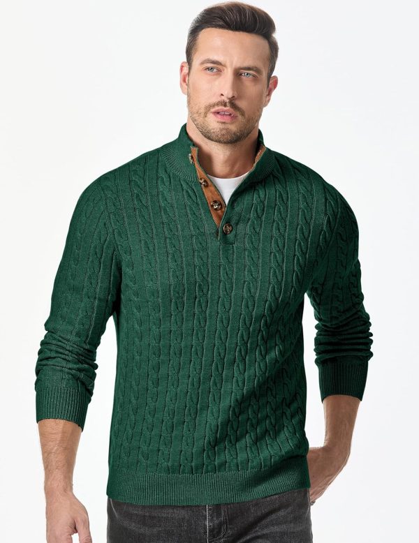 JMIERR Men's Cable Knit Pullover Sweater Casual Long Sleeve Stand Collar Button Knitted Sweaters - Image 52