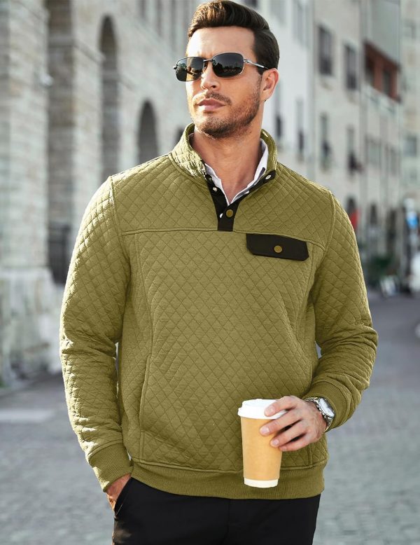 JMIERR Men's Quilted Sweatshirt Casual Long Sleeve Outdoor Stand Collar Button Pullover Sweatshirts - Image 107