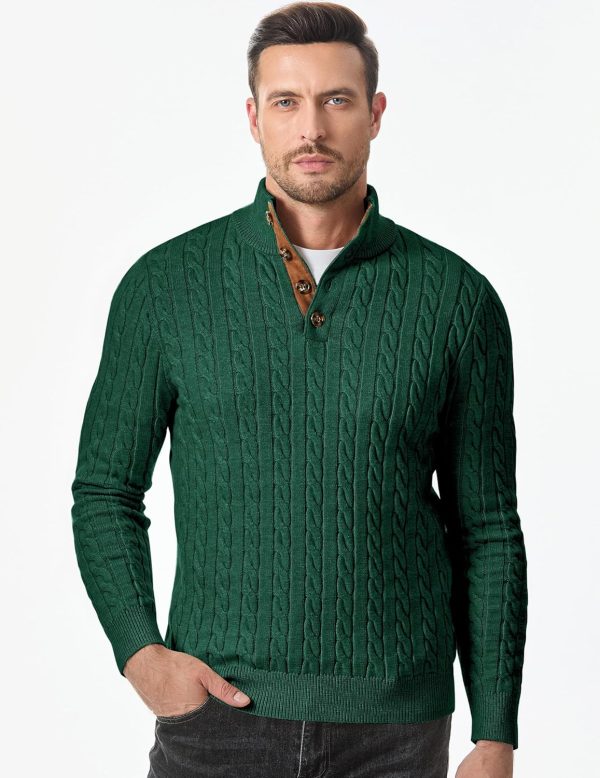 JMIERR Men's Cable Knit Pullover Sweater Casual Long Sleeve Stand Collar Button Knitted Sweaters - Image 56