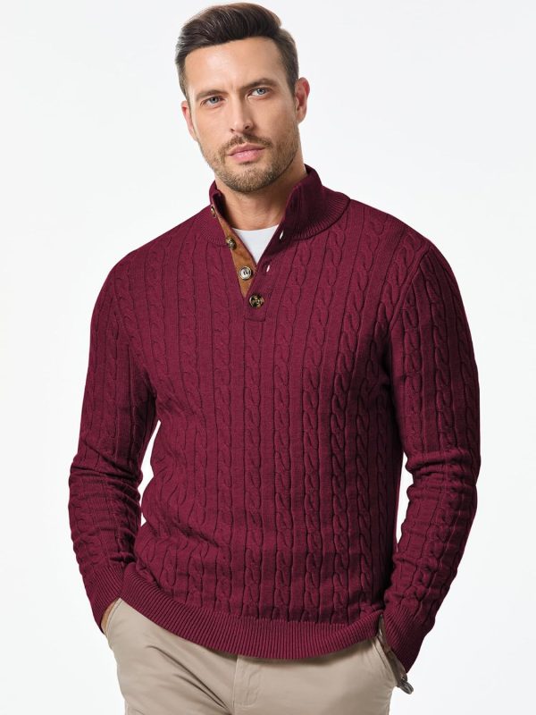 JMIERR Men's Cable Knit Pullover Sweater Casual Long Sleeve Stand Collar Button Knitted Sweaters - Image 59