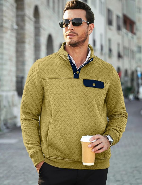 JMIERR Men's Quilted Sweatshirt Casual Long Sleeve Outdoor Stand Collar Button Pullover Sweatshirts - Image 115