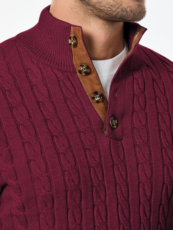 JMIERR Men's Cable Knit Pullover Sweater Casual Long Sleeve Stand Collar Button Knitted Sweaters - Image 61