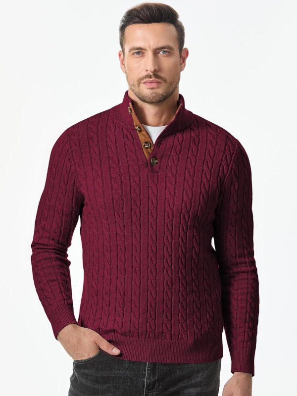 JMIERR Men's Cable Knit Pullover Sweater Casual Long Sleeve Stand Collar Button Knitted Sweaters - Image 63