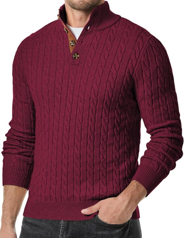 JMIERR Men's Cable Knit Pullover Sweater Casual Long Sleeve Stand Collar Button Knitted Sweaters - Image 64
