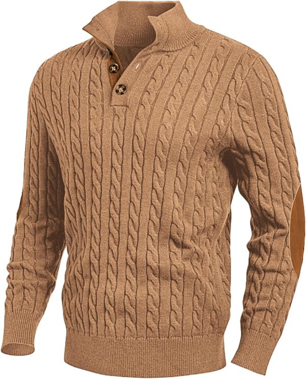 JMIERR Men's Cable Knit Pullover Sweater Casual Long Sleeve Stand Collar Button Knitted Sweaters - Image 65
