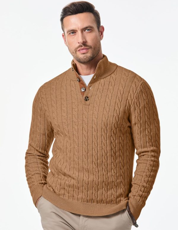 JMIERR Men's Cable Knit Pullover Sweater Casual Long Sleeve Stand Collar Button Knitted Sweaters - Image 67