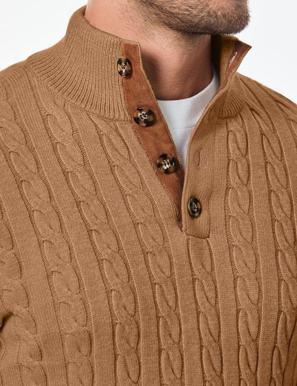 JMIERR Men's Cable Knit Pullover Sweater Casual Long Sleeve Stand Collar Button Knitted Sweaters - Image 69