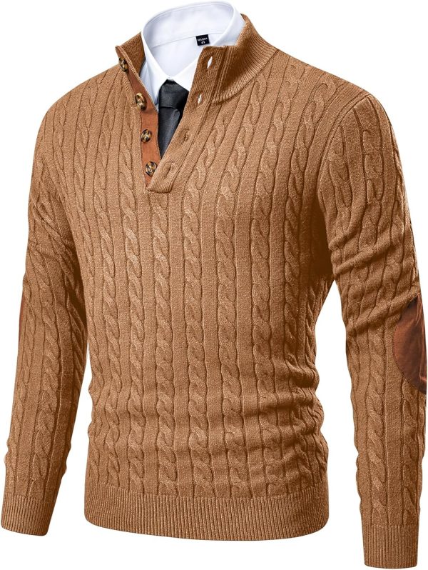 JMIERR Men's Cable Knit Pullover Sweater Casual Long Sleeve Stand Collar Button Knitted Sweaters - Image 70