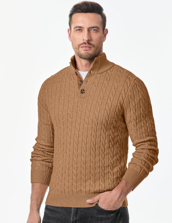 JMIERR Men's Cable Knit Pullover Sweater Casual Long Sleeve Stand Collar Button Knitted Sweaters - Image 72