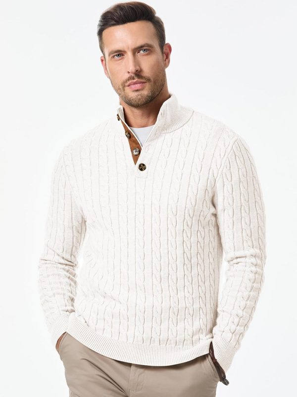 JMIERR Men's Cable Knit Pullover Sweater Casual Long Sleeve Stand Collar Button Knitted Sweaters - Image 75