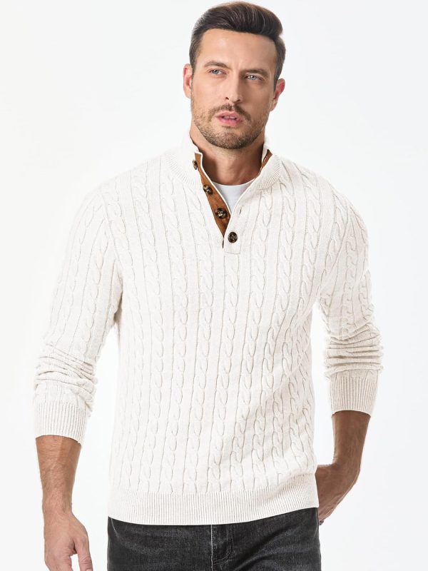 JMIERR Men's Cable Knit Pullover Sweater Casual Long Sleeve Stand Collar Button Knitted Sweaters - Image 76
