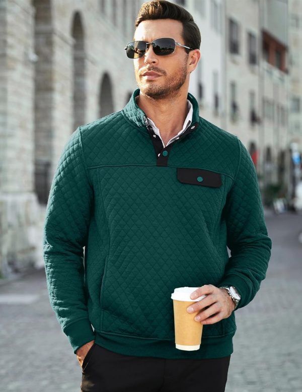 JMIERR Men's Quilted Sweatshirt Casual Long Sleeve Outdoor Stand Collar Button Pullover Sweatshirts - Image 129