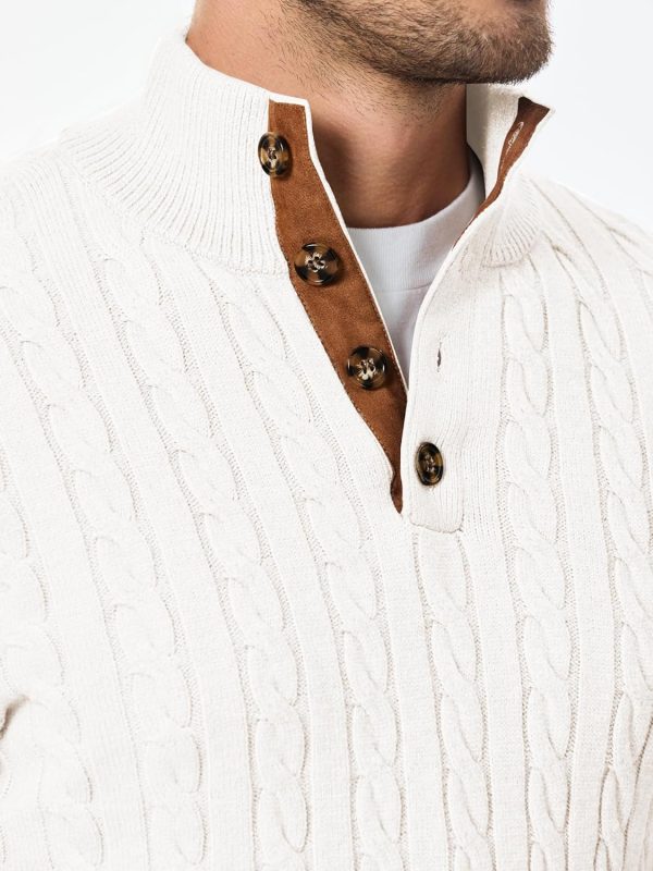 JMIERR Men's Cable Knit Pullover Sweater Casual Long Sleeve Stand Collar Button Knitted Sweaters - Image 77