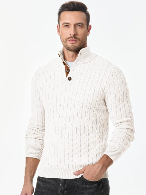 JMIERR Men's Cable Knit Pullover Sweater Casual Long Sleeve Stand Collar Button Knitted Sweaters - Image 78