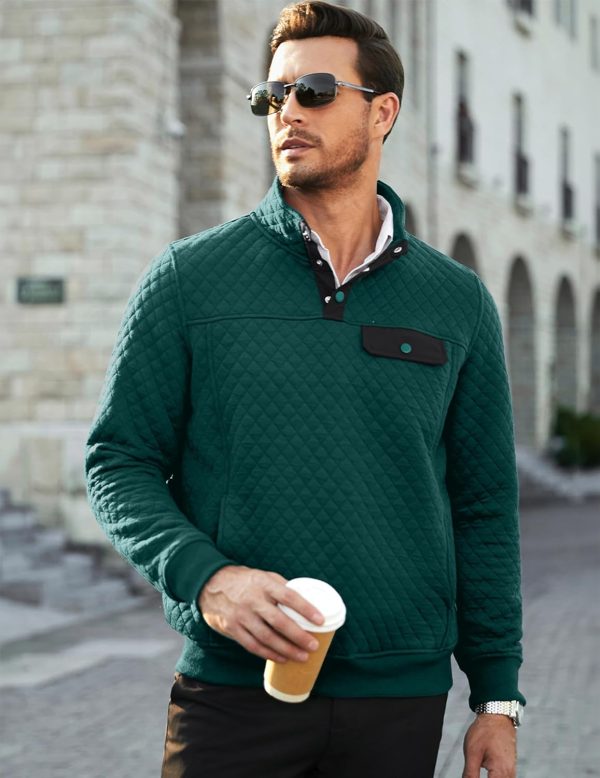 JMIERR Men's Quilted Sweatshirt Casual Long Sleeve Outdoor Stand Collar Button Pullover Sweatshirts - Image 130