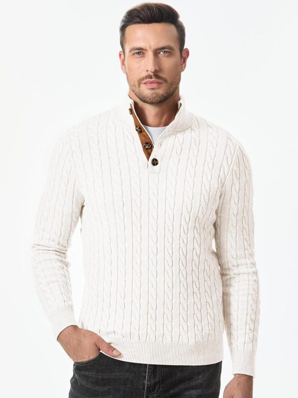 JMIERR Men's Cable Knit Pullover Sweater Casual Long Sleeve Stand Collar Button Knitted Sweaters - Image 79