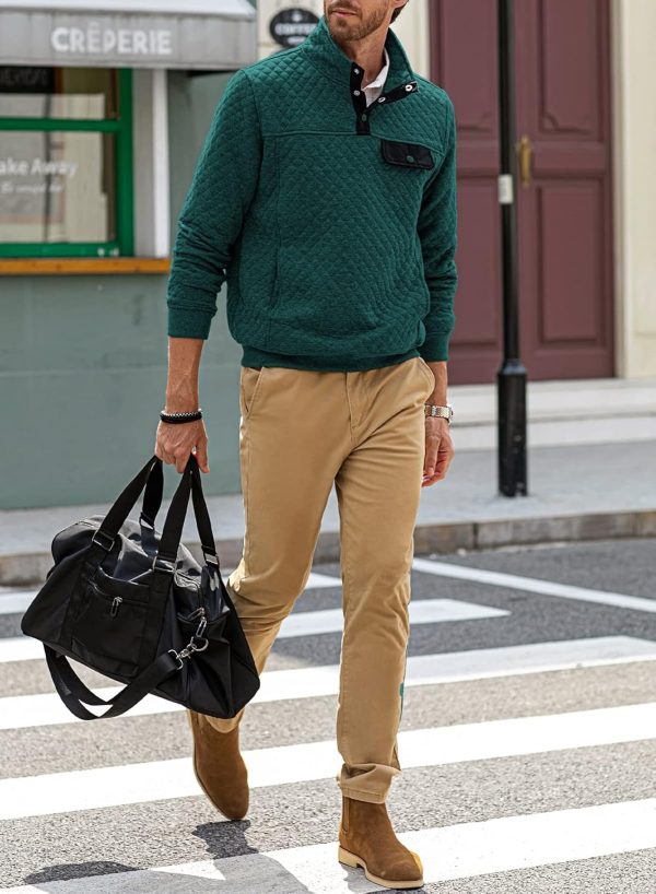 JMIERR Men's Quilted Sweatshirt Casual Long Sleeve Outdoor Stand Collar Button Pullover Sweatshirts - Image 131