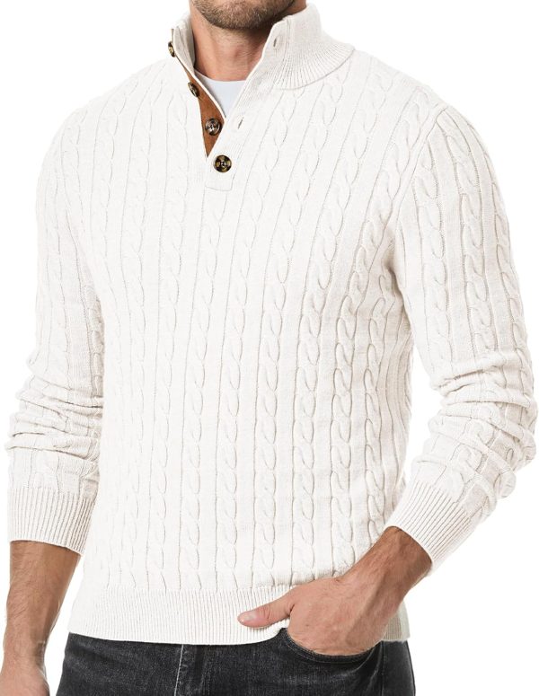 JMIERR Men's Cable Knit Pullover Sweater Casual Long Sleeve Stand Collar Button Knitted Sweaters - Image 80
