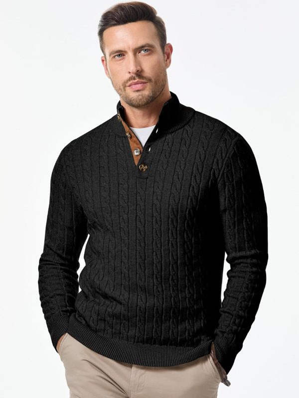 JMIERR Men's Cable Knit Pullover Sweater Casual Long Sleeve Stand Collar Button Knitted Sweaters - Image 83