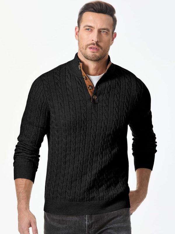 JMIERR Men's Cable Knit Pullover Sweater Casual Long Sleeve Stand Collar Button Knitted Sweaters - Image 84