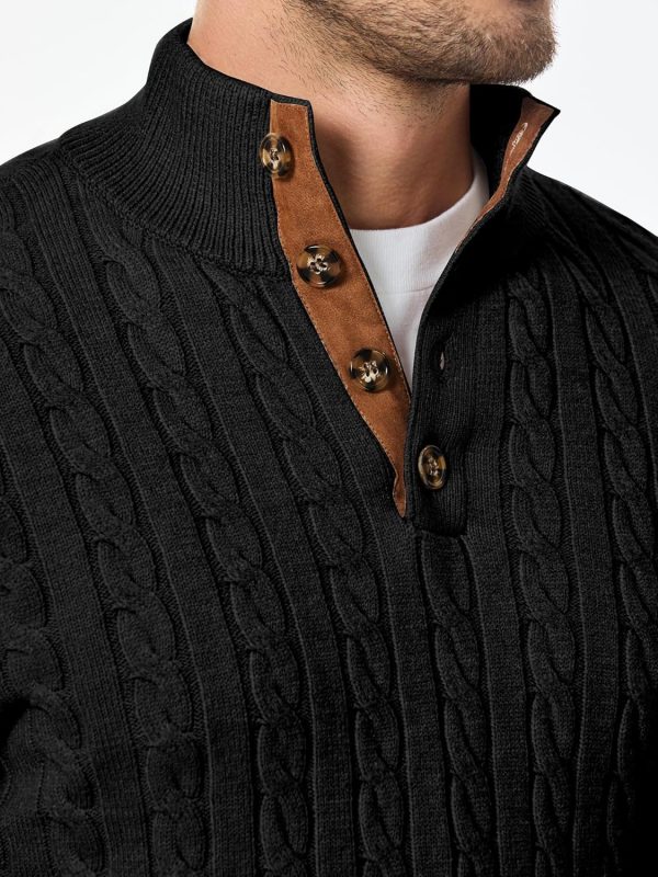 JMIERR Men's Cable Knit Pullover Sweater Casual Long Sleeve Stand Collar Button Knitted Sweaters - Image 85