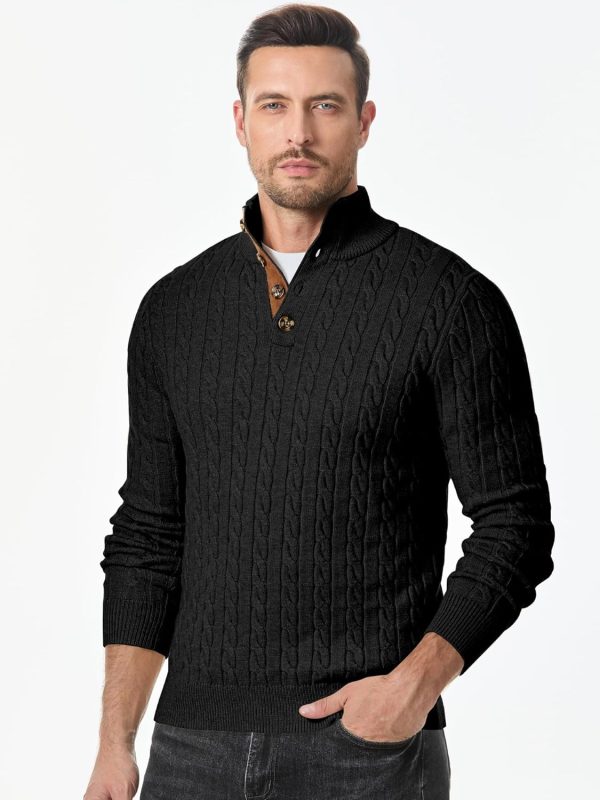 JMIERR Men's Cable Knit Pullover Sweater Casual Long Sleeve Stand Collar Button Knitted Sweaters - Image 86