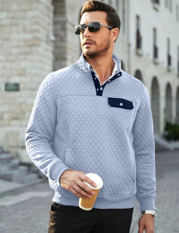 JMIERR Men's Quilted Sweatshirt Casual Long Sleeve Outdoor Stand Collar Button Pullover Sweatshirts - Image 137