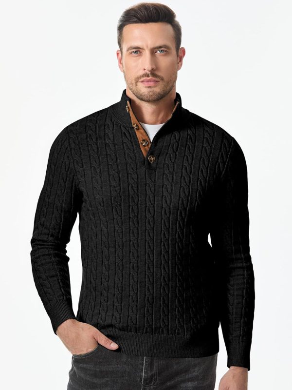 JMIERR Men's Cable Knit Pullover Sweater Casual Long Sleeve Stand Collar Button Knitted Sweaters - Image 87