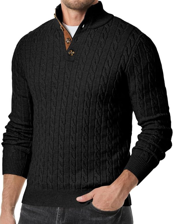 JMIERR Men's Cable Knit Pullover Sweater Casual Long Sleeve Stand Collar Button Knitted Sweaters - Image 88