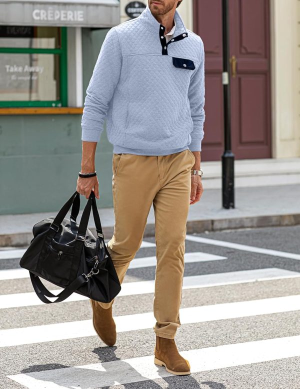 JMIERR Men's Quilted Sweatshirt Casual Long Sleeve Outdoor Stand Collar Button Pullover Sweatshirts - Image 139