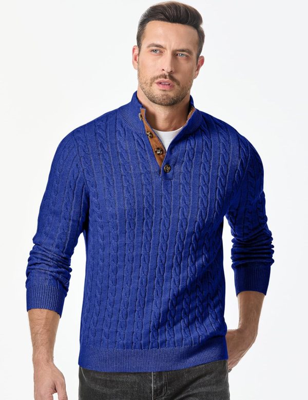 JMIERR Men's Cable Knit Pullover Sweater Casual Long Sleeve Stand Collar Button Knitted Sweaters - Image 91