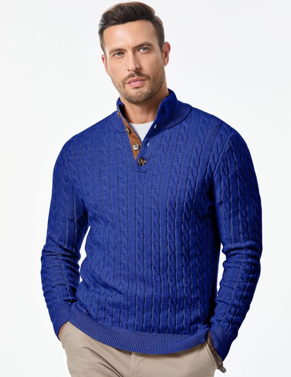JMIERR Men's Cable Knit Pullover Sweater Casual Long Sleeve Stand Collar Button Knitted Sweaters - Image 92