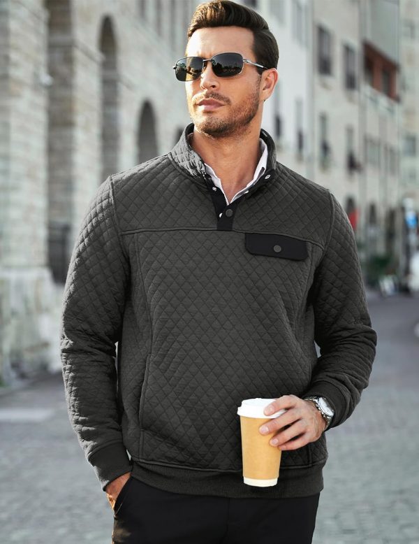 JMIERR Men's Quilted Sweatshirt Casual Long Sleeve Outdoor Stand Collar Button Pullover Sweatshirts - Image 145