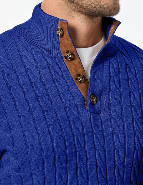 JMIERR Men's Cable Knit Pullover Sweater Casual Long Sleeve Stand Collar Button Knitted Sweaters - Image 93