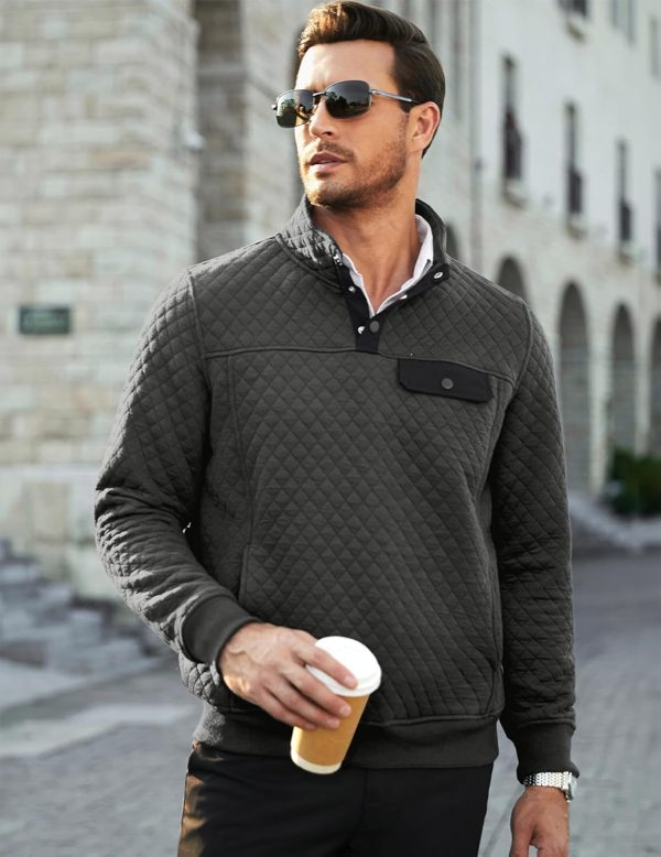 JMIERR Men's Quilted Sweatshirt Casual Long Sleeve Outdoor Stand Collar Button Pullover Sweatshirts - Image 146